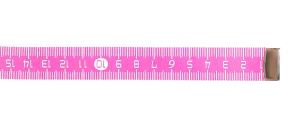 Photo of New pink measuring tape isolated on white, top view