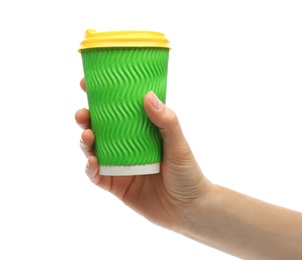 Woman holding takeaway paper coffee cup on white background