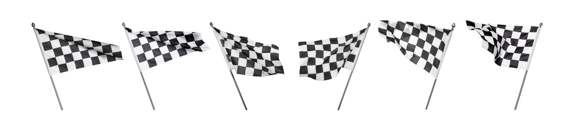 Image of Checkered racing finish flags on white background, collage. Banner design