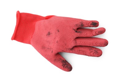 Photo of One red gardening glove isolated on white, top view