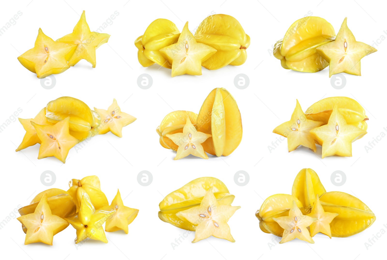 Image of Set with delicious ripe carambola fruits on white background 