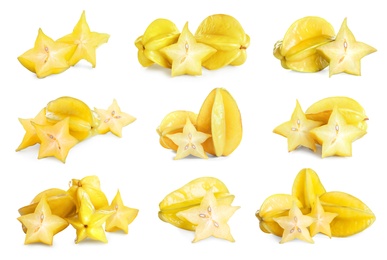 Set with delicious ripe carambola fruits on white background 