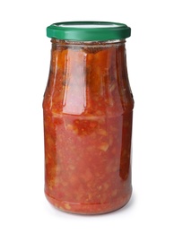 Photo of Glass jar with pickled red sauce isolated on white