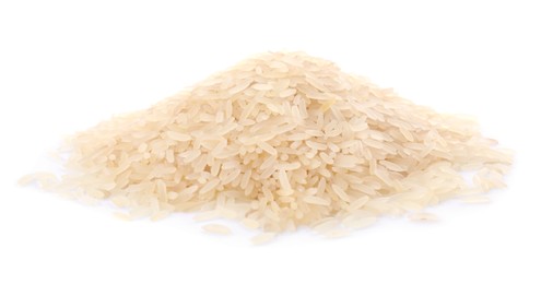 Photo of Pile of raw rice isolated on white