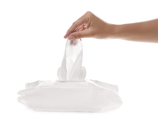 Photo of Woman taking wet wipe from pack on white background, closeup