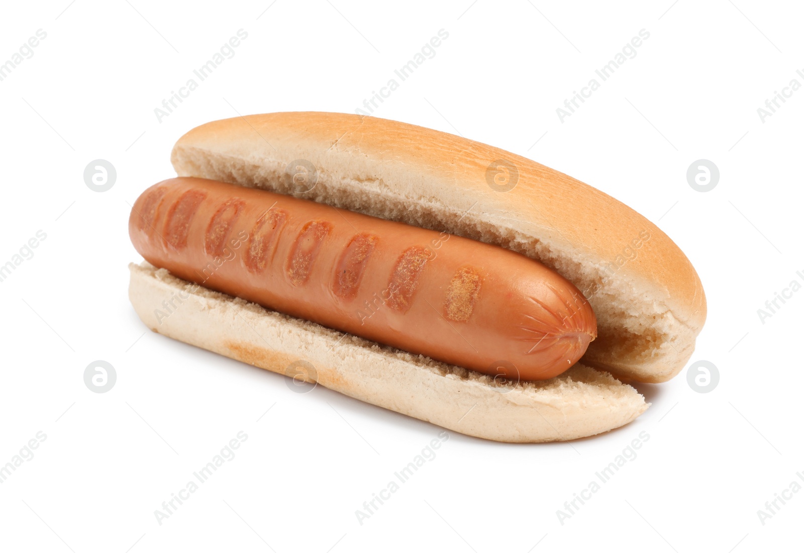 Photo of Delicious hot dog bun with sausage on white background