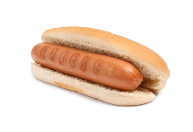 Photo of Delicious hot dog bun with sausage on white background