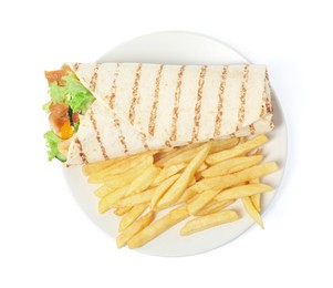 Plate with delicious chicken shawarma and French fries isolated on white, top view