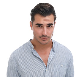 Portrait of handsome young man on white background