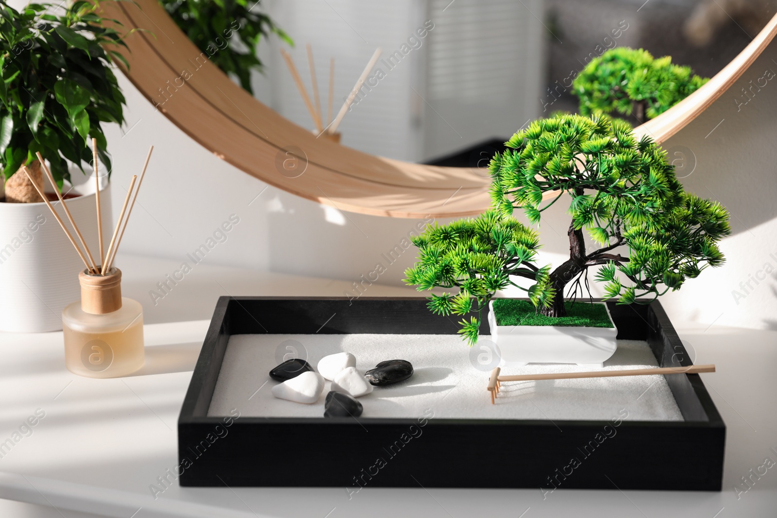 Photo of Beautiful miniature zen garden on white table indoors