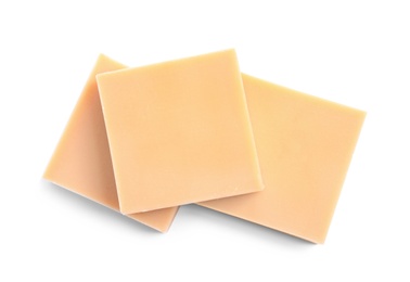 Hand made soap bars on white background, top view