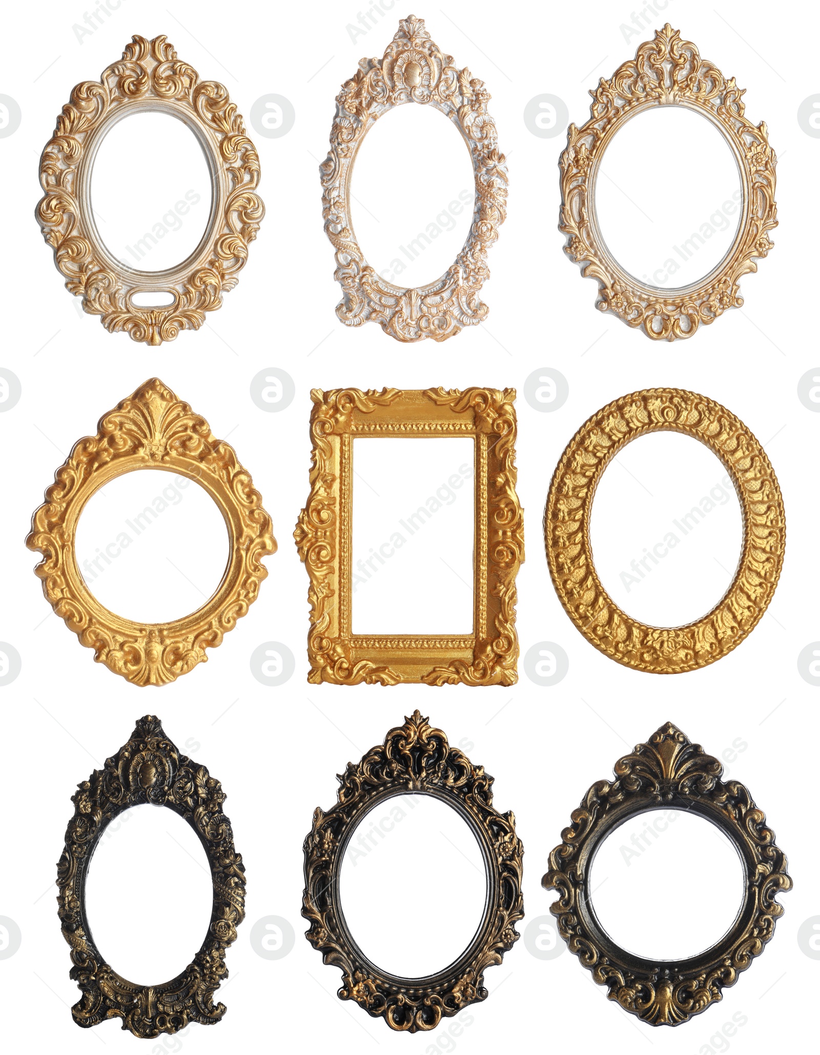 Image of Set of different vintage frames on white background