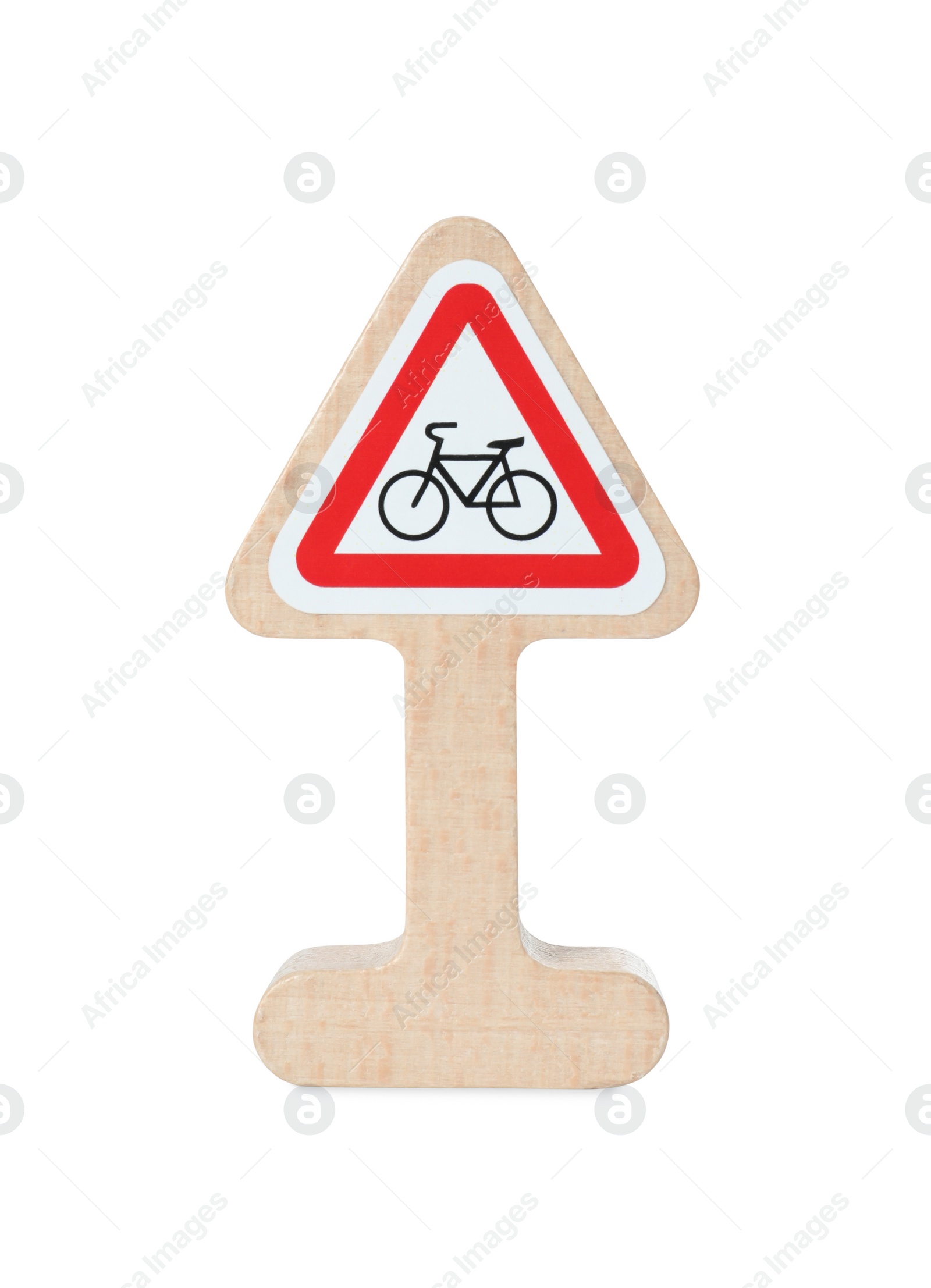 Photo of Wooden road sign isolated on white. Children's toy