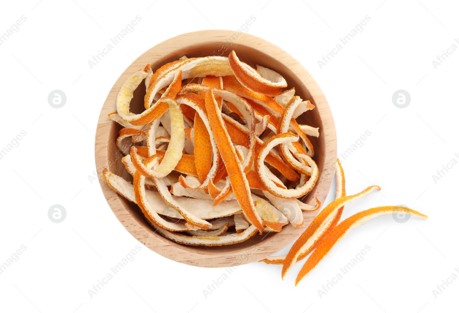 Photo of Dry orange peels in wooden bowl on white background, top view
