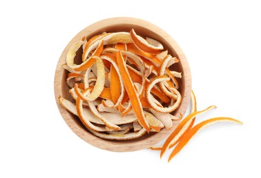 Dry orange peels in wooden bowl on white background, top view