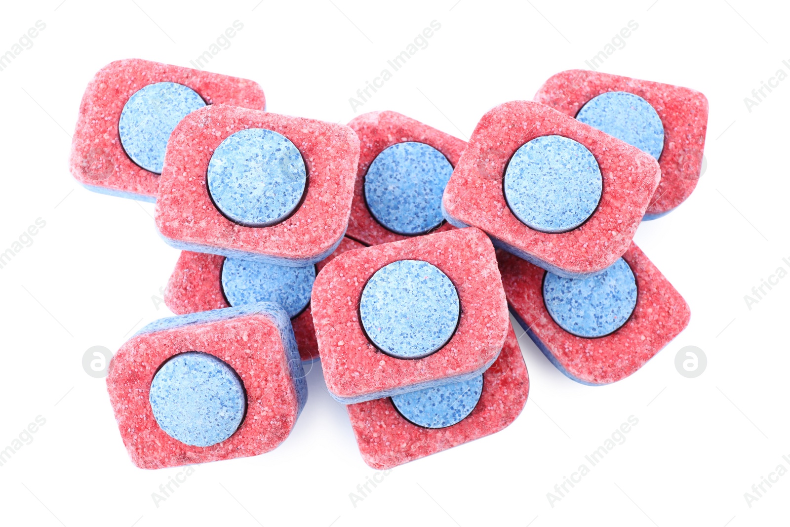 Photo of Pile of dishwasher detergent tablets on white background, top view