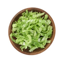 Photo of Shredded fresh Chinese cabbage in bowl isolated on white, top view