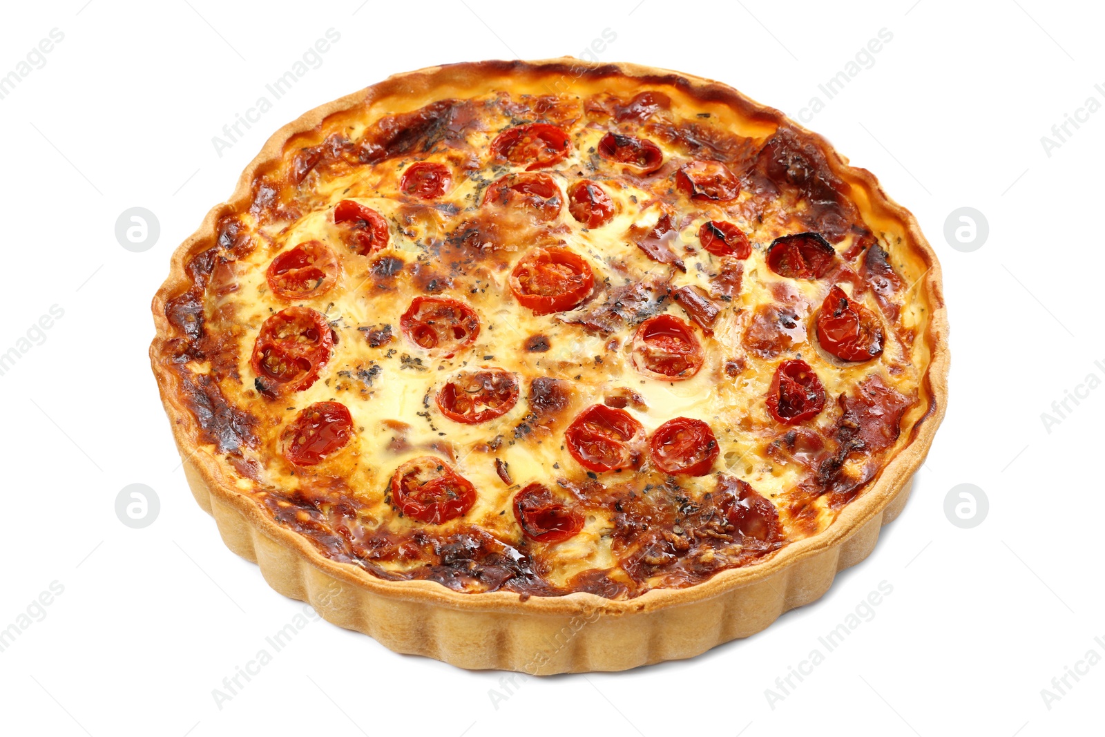 Photo of Delicious homemade quiche with prosciutto and tomatoes isolated on white