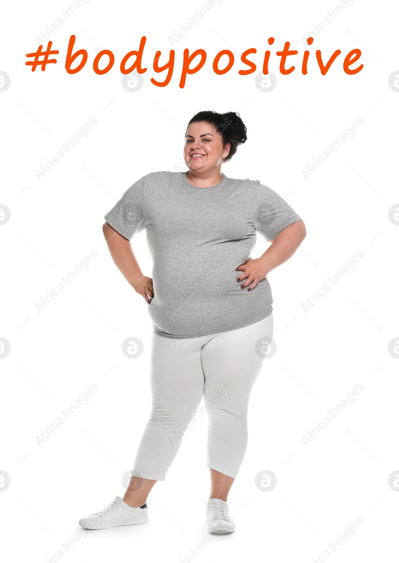 Image of Beautiful woman and hashtag Bodypositive on white background