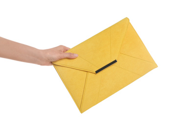 Photo of Woman holding stylish envelope bag on white background, closeup