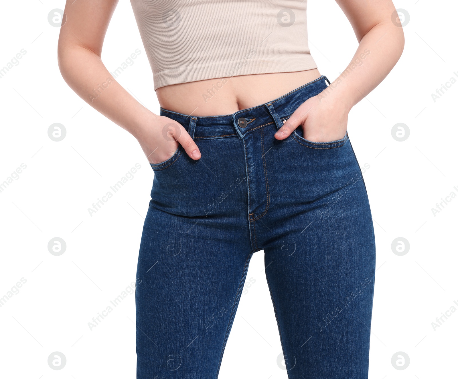 Photo of Woman in stylish jeans on white background, closeup