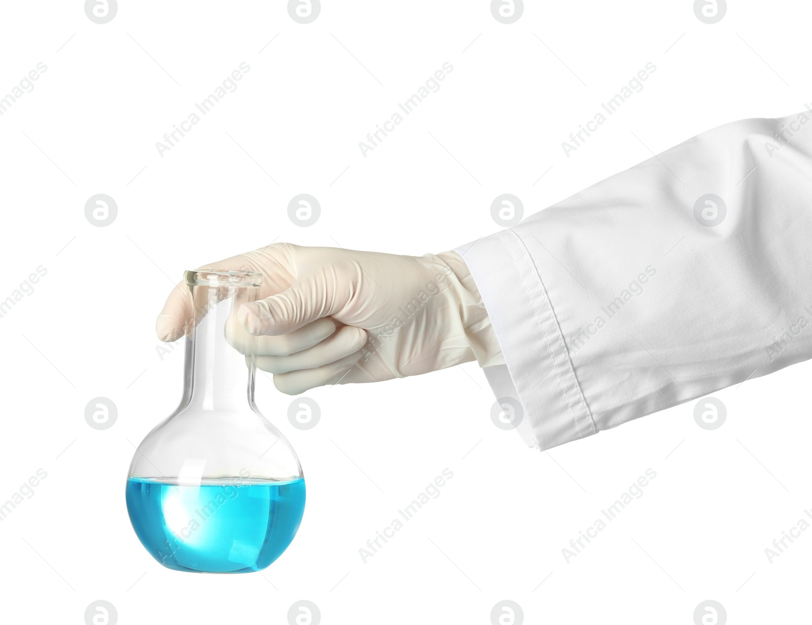 Photo of Scientist holding glass flask with liquid on white background. Chemical research