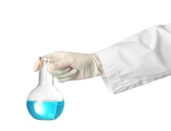 Scientist holding glass flask with liquid on white background. Chemical research