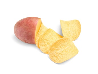 Raw potato and tasty chips on white background