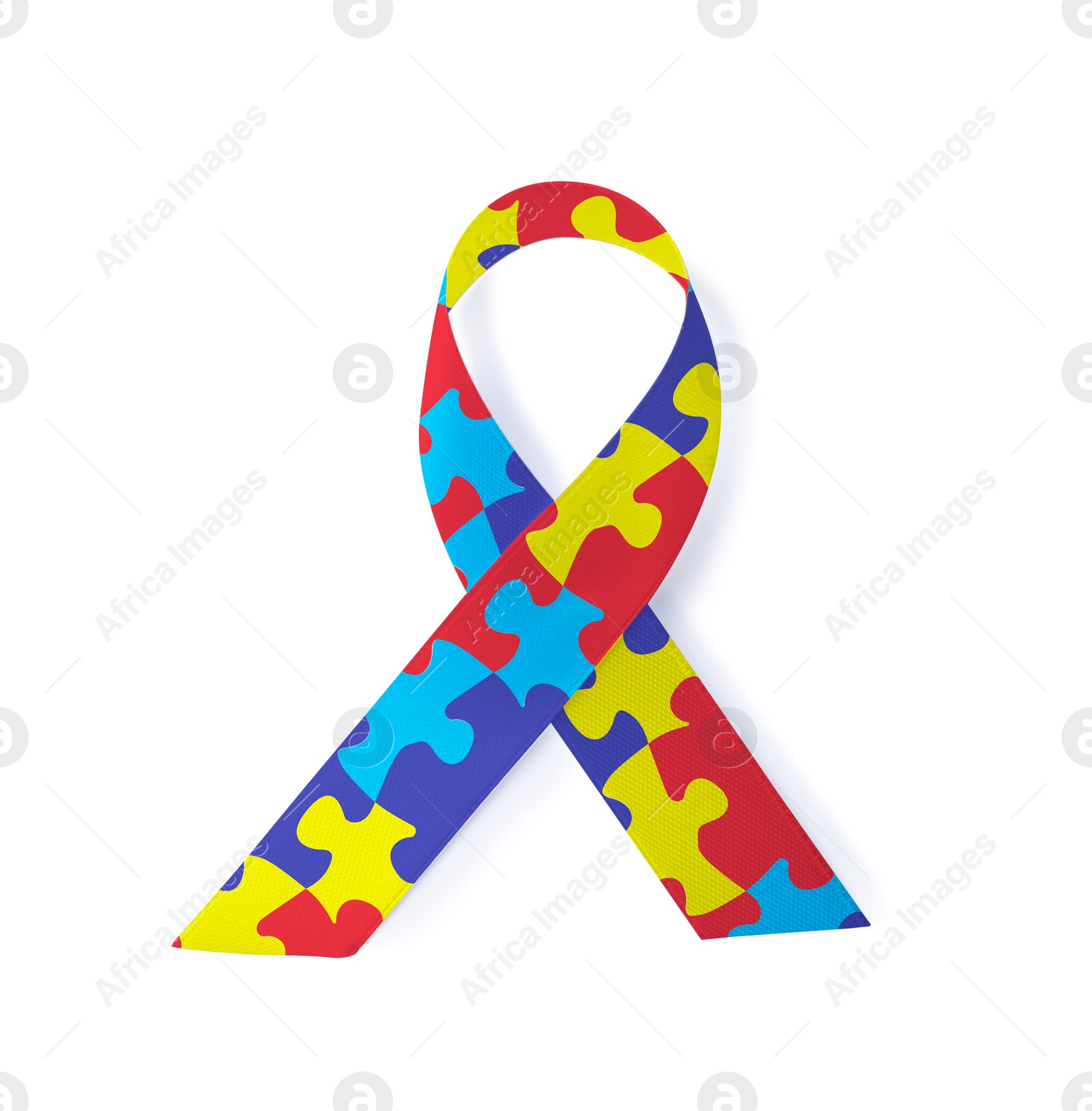 Image of World Autism Awareness Day. Colorful puzzle ribbon on white background, top view