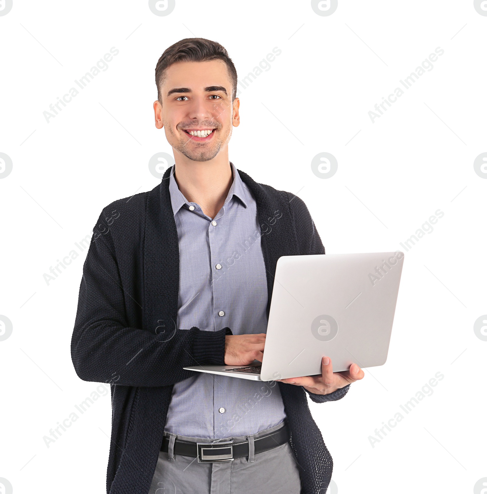 Photo of Young male teacher with laptop on white background