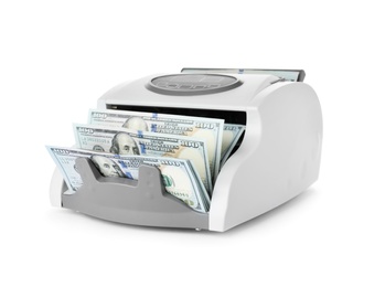 Photo of Modern electronic bill counter with money on white background