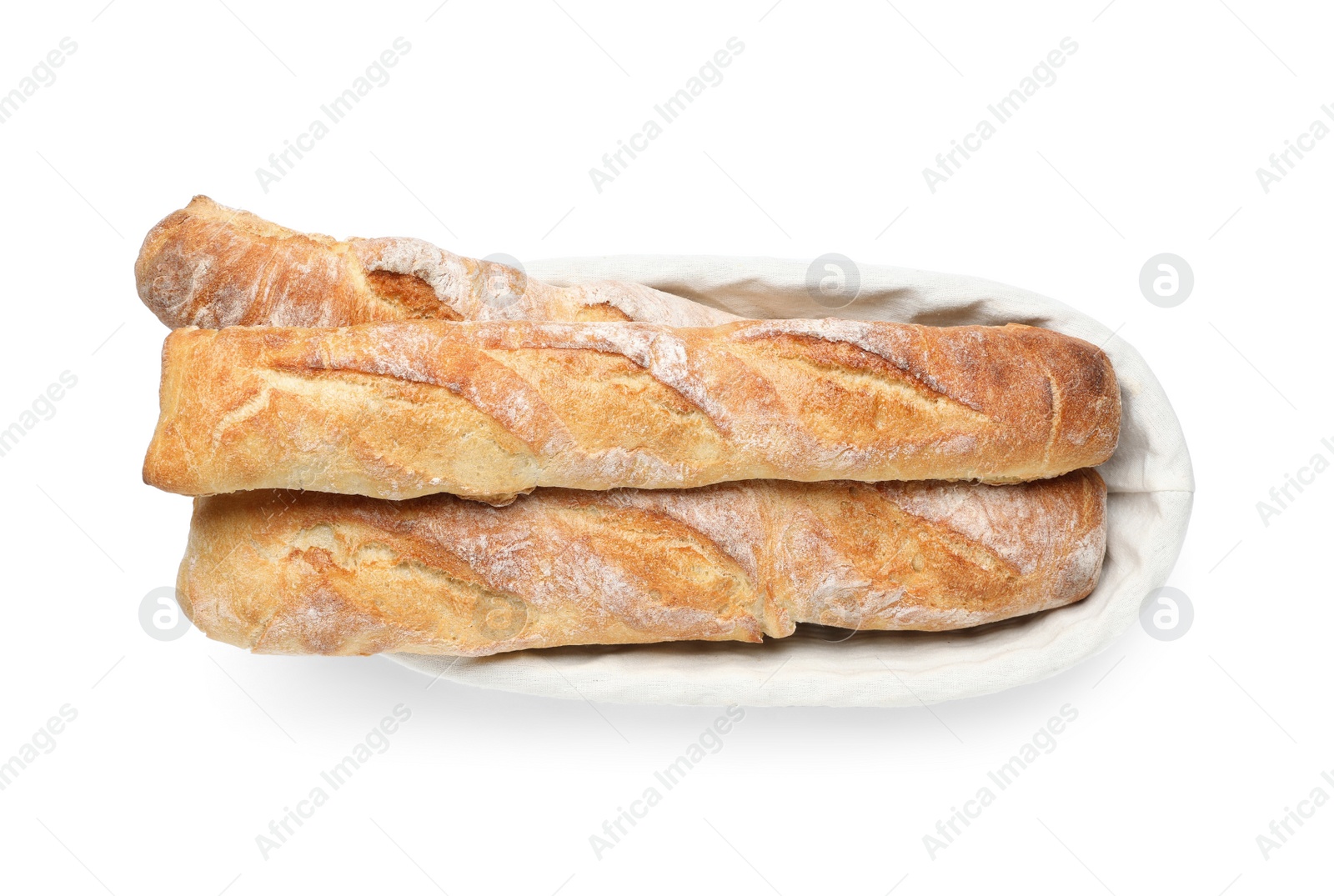 Photo of Crispy French baguettes isolated on white. Fresh bread