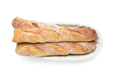 Photo of Crispy French baguettes isolated on white. Fresh bread