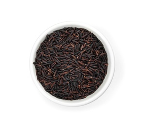 Bowl with uncooked black rice on white background, top view