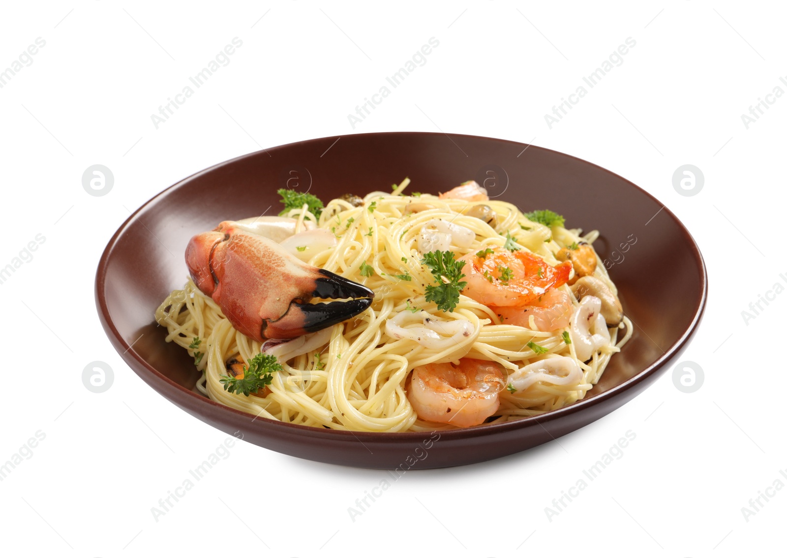 Photo of Delicious pasta with sea food isolated on white