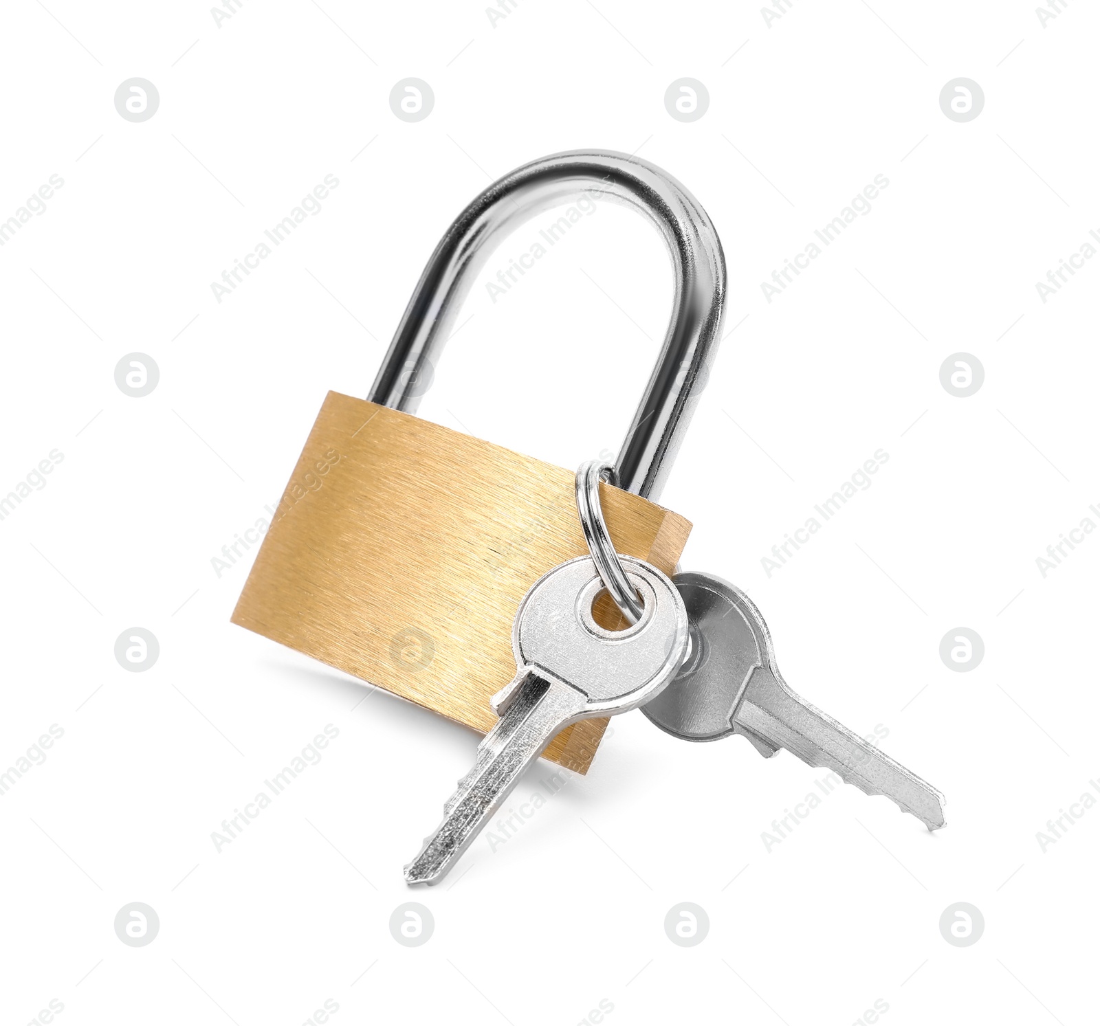 Photo of Steel padlock and keys isolated on white
