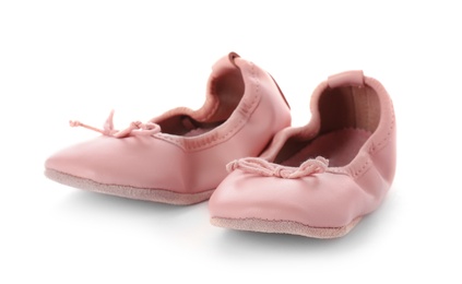 Photo of Cute pink child shoes isolated on white