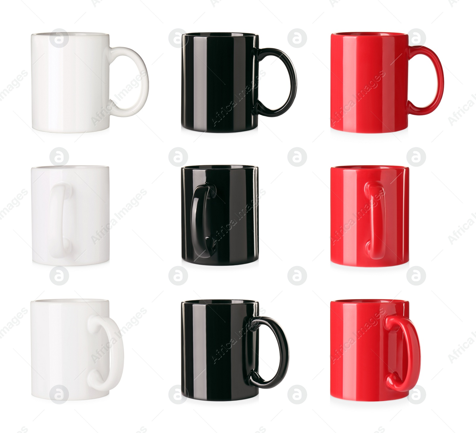 Image of Set with different ceramic mugs on white background