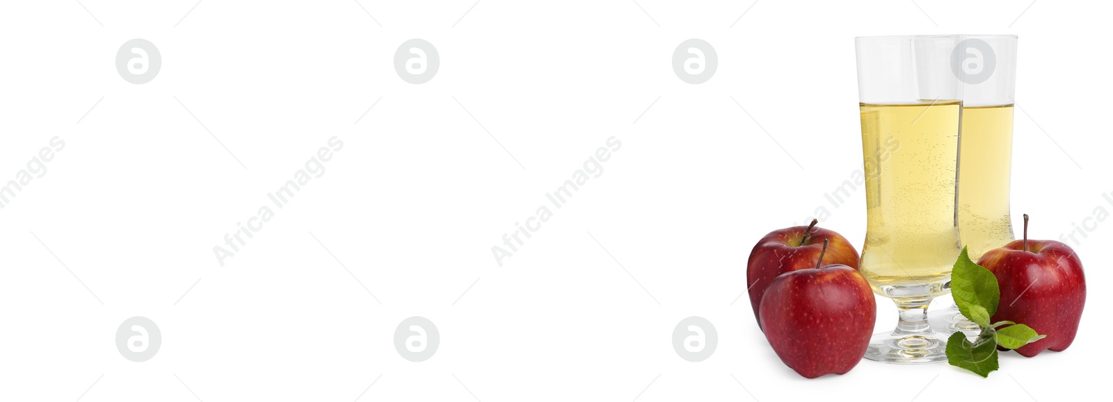 Image of Delicious cider, whole red apples on white background, space for text. Banner design