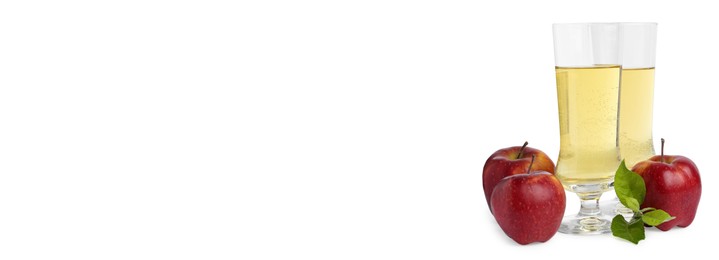 Image of Delicious cider, whole red apples on white background, space for text. Banner design