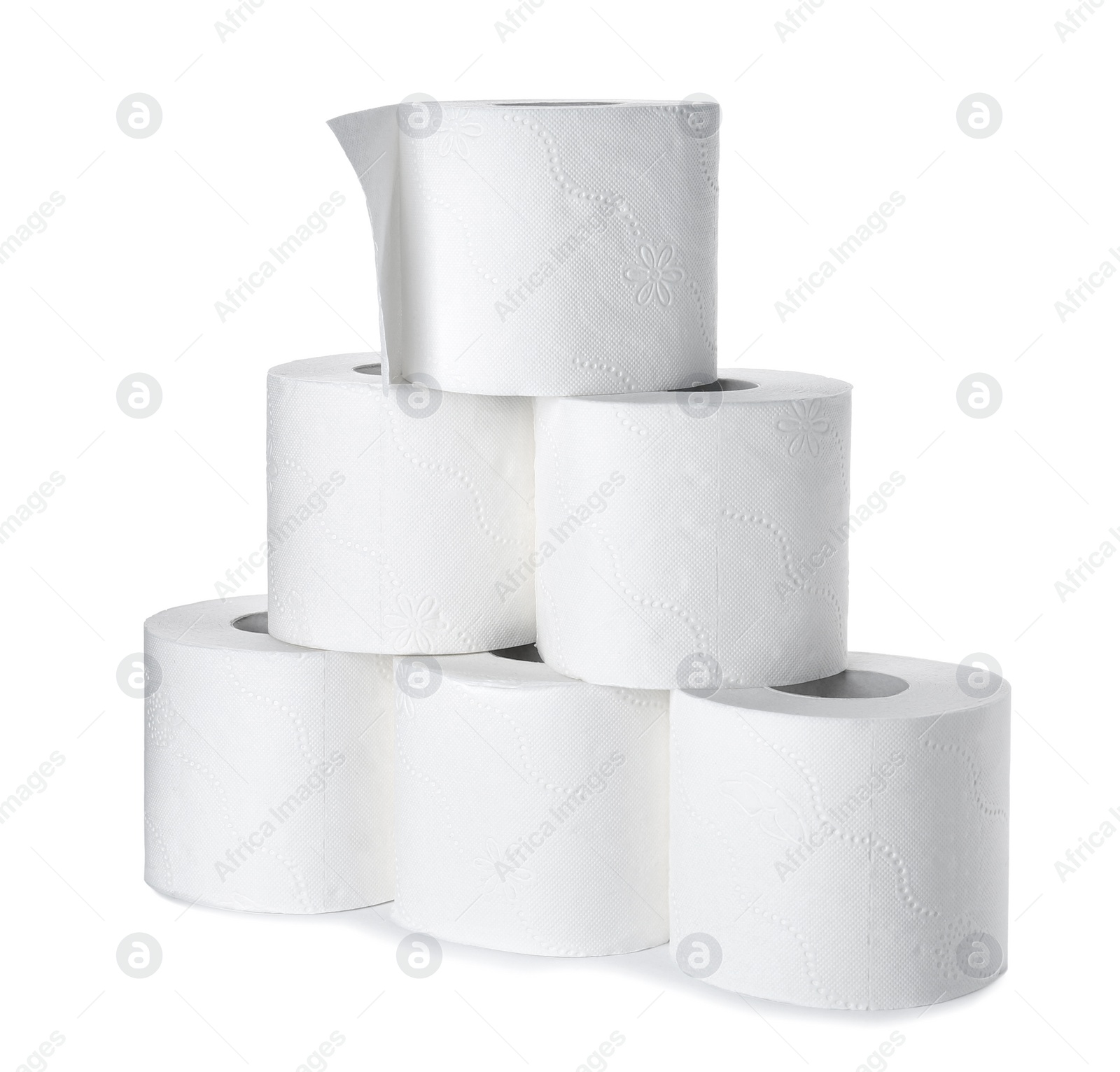 Photo of Rolls of toilet paper on white background. Personal hygiene