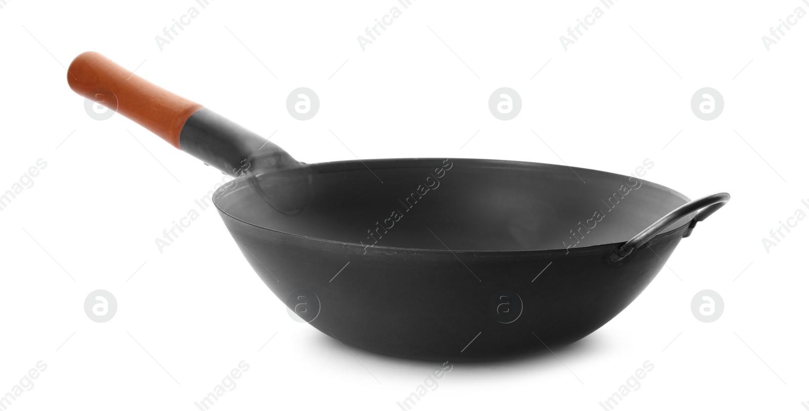 Photo of Empty iron wok isolated on white. Chinese cookware