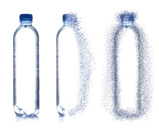 Bottle of water vanishing on white background, set. Plastic decomposition