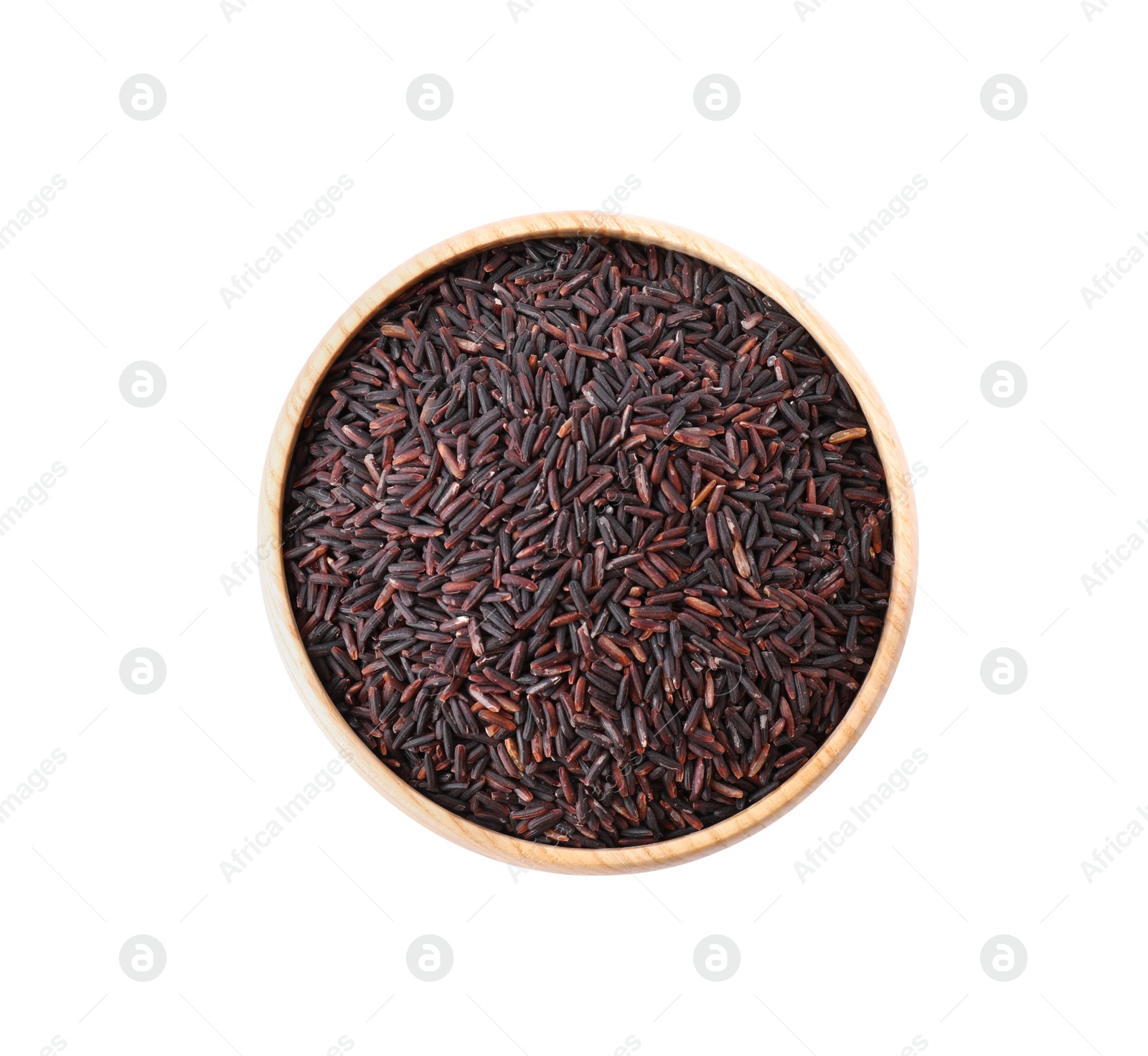 Photo of Brown rice in wooden bowl isolated on white, top view