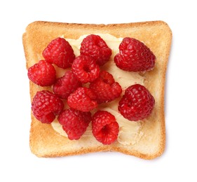 Photo of Tasty toast with butter and raspberry isolated on white, top view