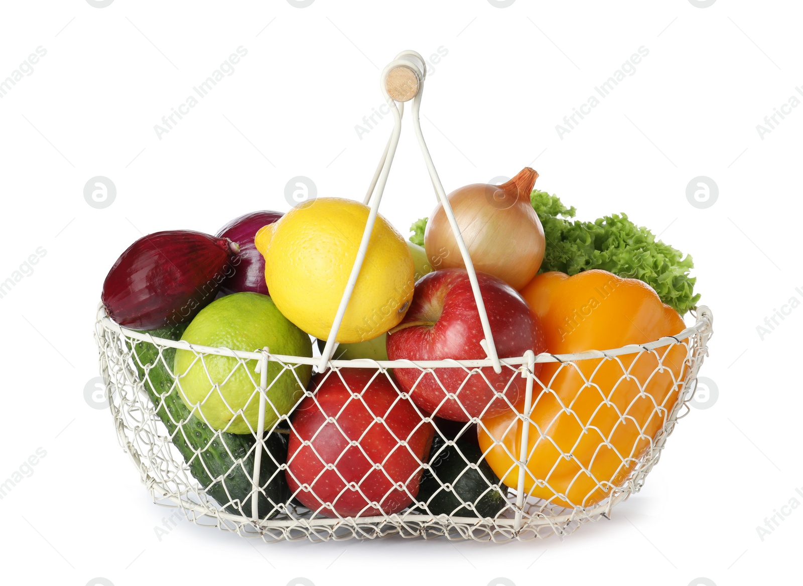 Photo of Basket of fresh fruits and vegetables isolated on white