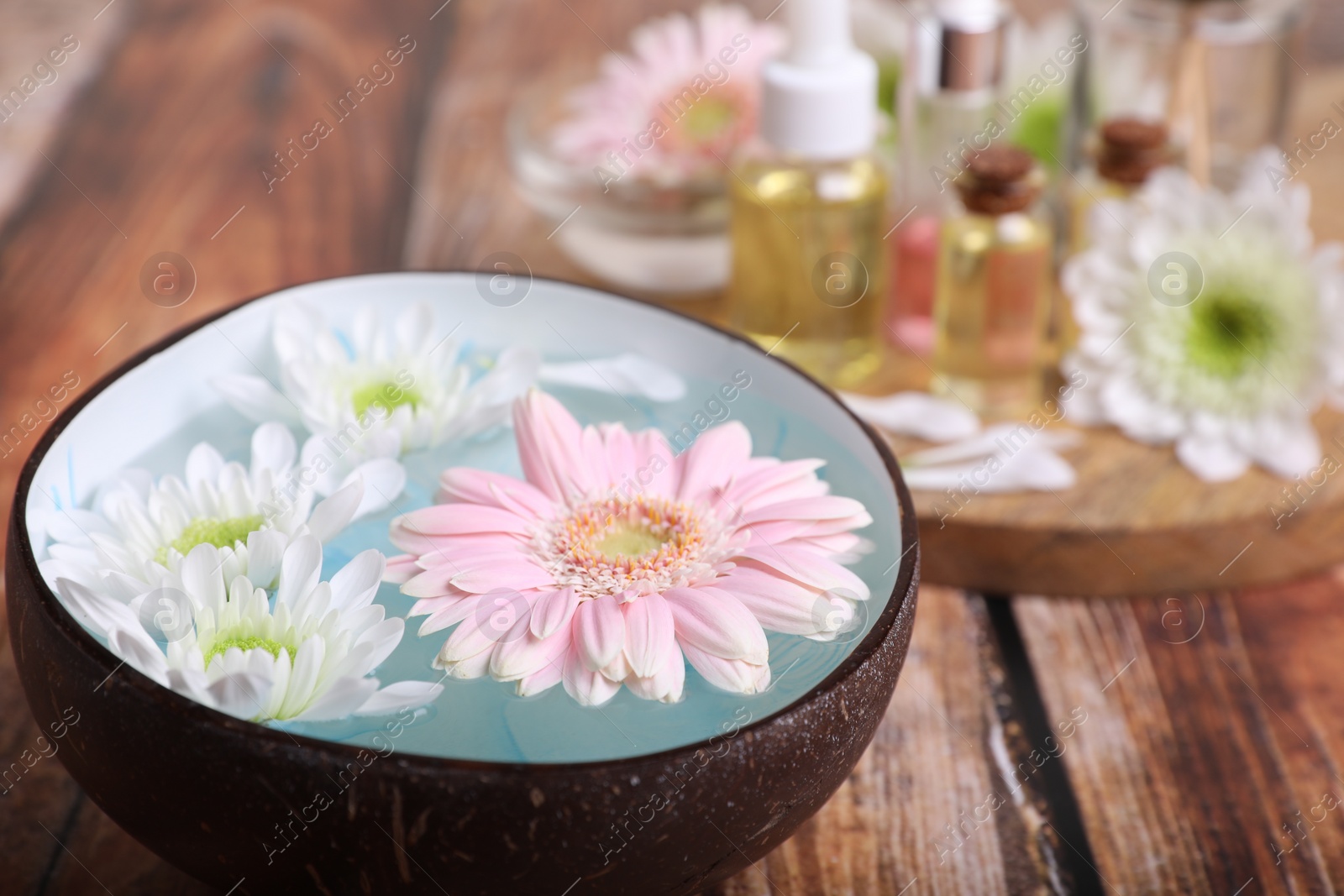 Photo of Bowl with water and beautiful flowers on wooden table, closeup. Spa composition