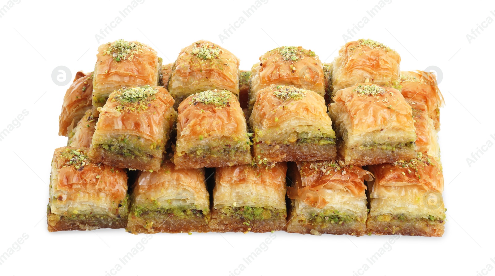 Photo of Delicious fresh baklava with chopped nuts isolated on white. Eastern sweets