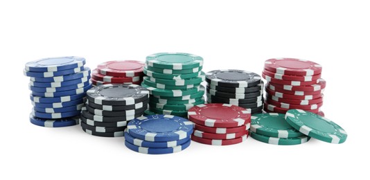 Photo of Casino chips on white background. Poker game