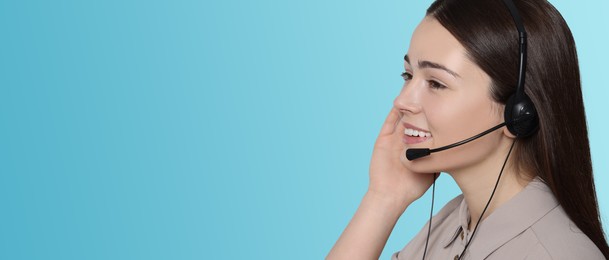 Image of Hotline operator with headset on light blue background, space for text. Banner design